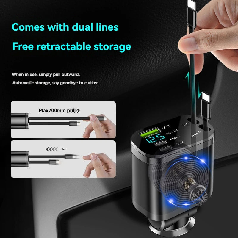 5-in-1 Retractable Car Charger — PD Fast Charging