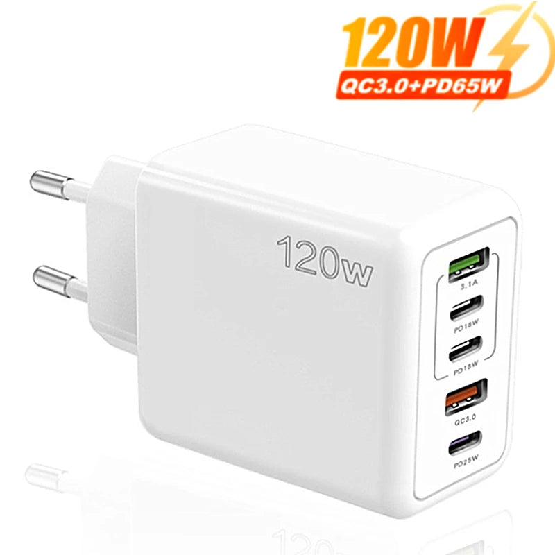 5-Port USB-C PD Charger — 120W Fast Charging for iPhone, Samsung & More