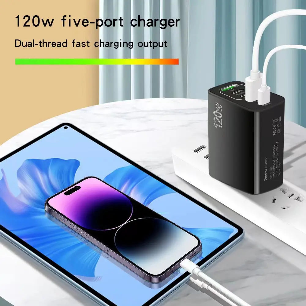 5-Port USB-C PD Charger — 120W Fast Charging for iPhone, Samsung & More