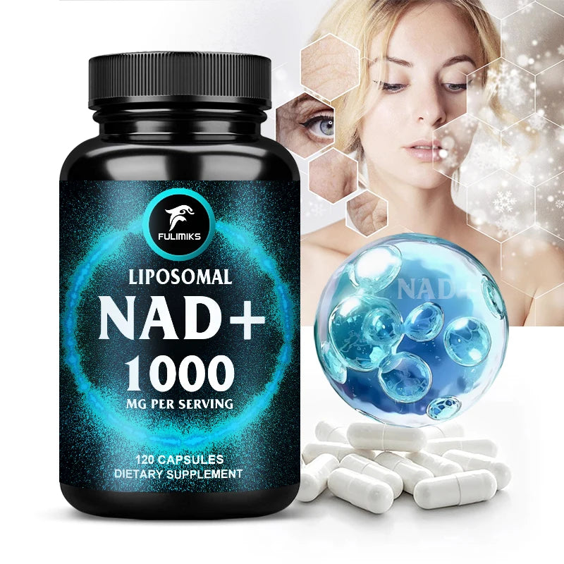 Supplement bottle labeled 'Liposomal NAD+ 1000' with a woman and molecular structure illustration on a white background.