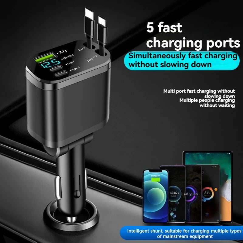 5-in-1 Retractable Car Charger — PD Fast Charging