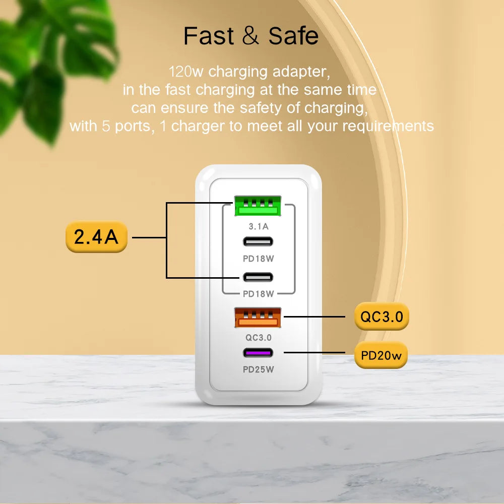 5-Port USB-C PD Charger — 120W Fast Charging for iPhone, Samsung & More