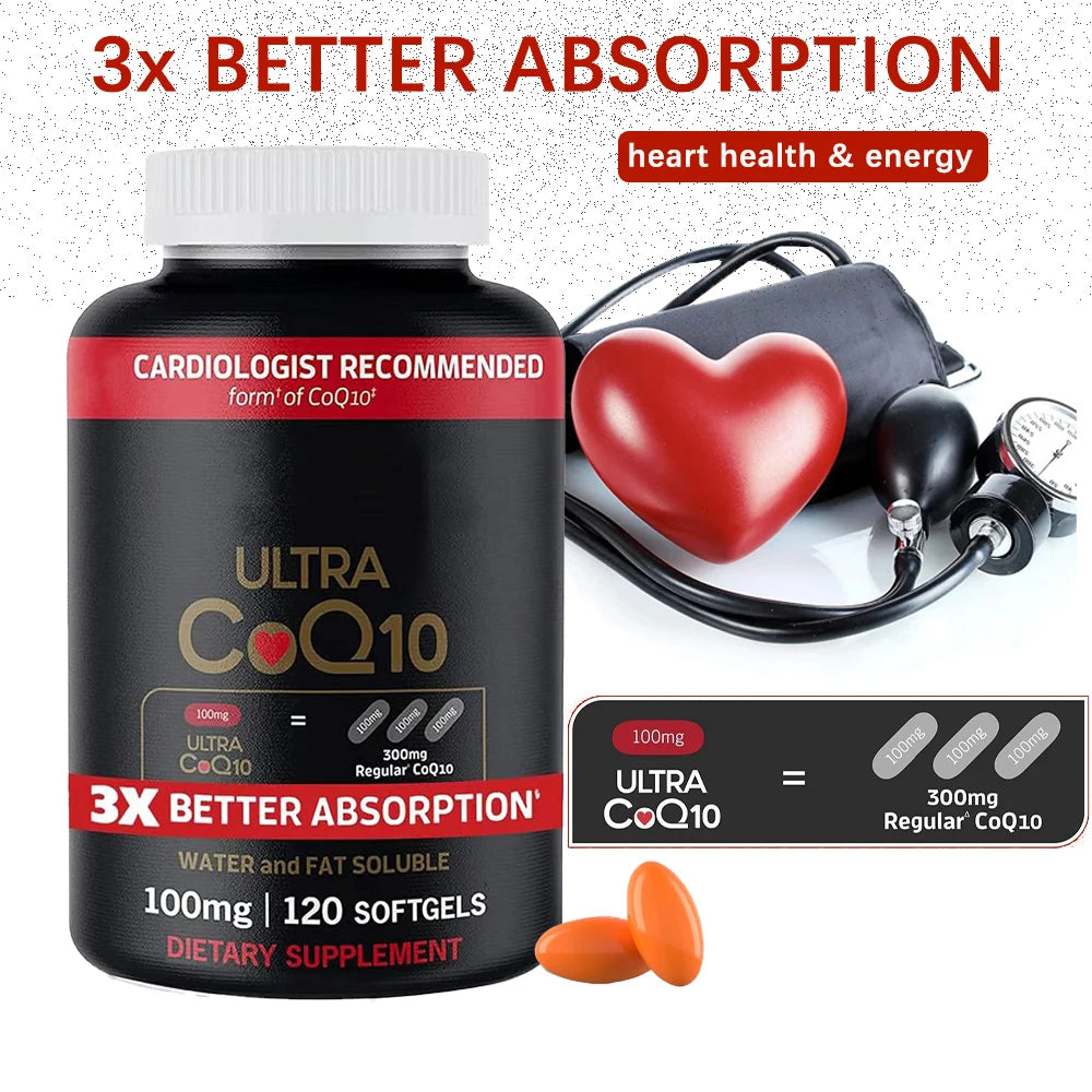 Ultra CoQ10 supplement bottle with heart, stethoscope, and text about heart health and energy.